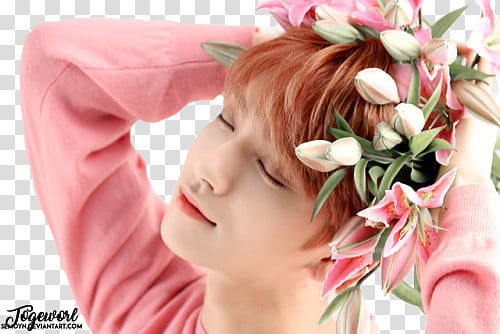 SEVENTEEN TEEN AGE SHOOT BEHIND, woman holding his head with flowers transparent background PNG clipart