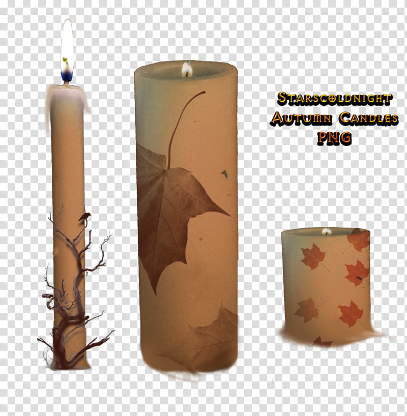 Autumn candles, three brown candles with text overlay transparent background PNG clipart