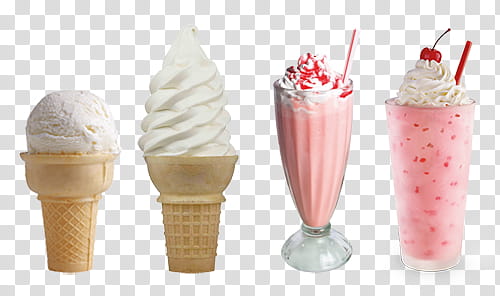 Full, two vanilla ice creams on waffle cones and two strawberry frappes in glasses transparent background PNG clipart