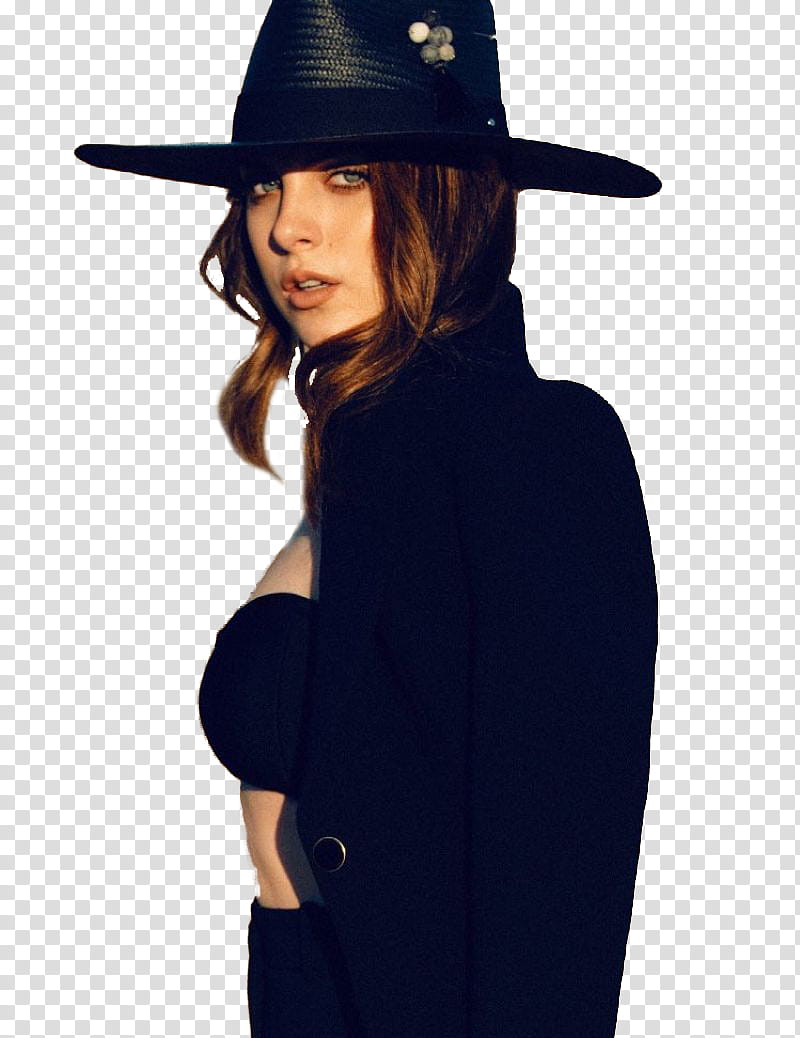 Elizabeth Gillies , standing woman wearing black jacket and black hat transparent background PNG clipart