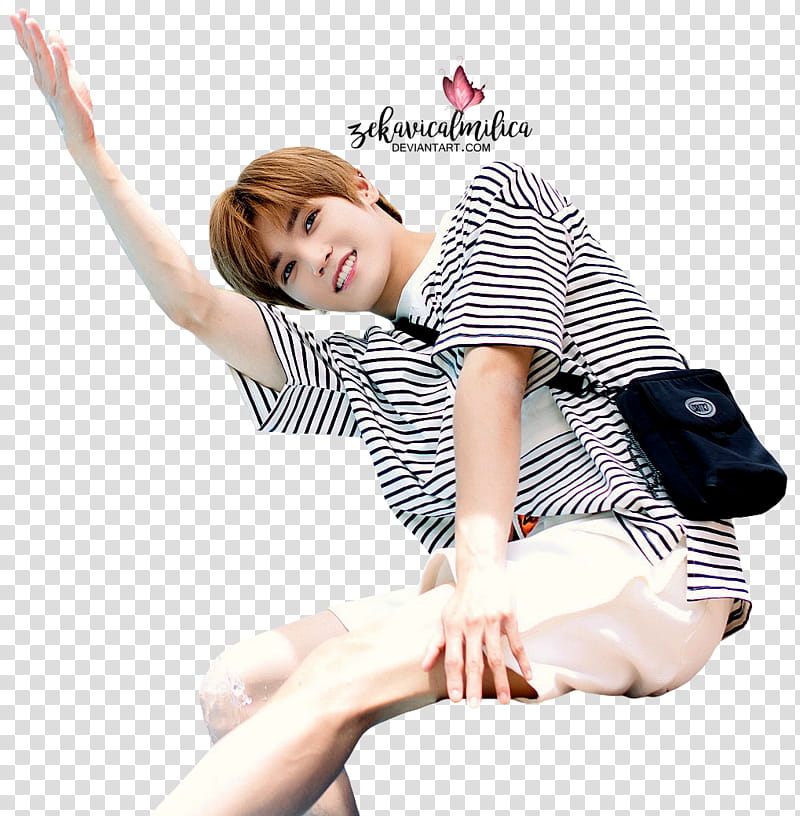 NCT Taeyong Summer Vacation, man raising right hand and wearing black crossbody bag transparent background PNG clipart