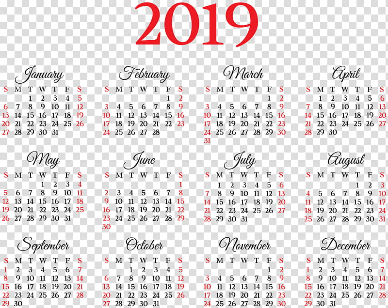 New Year Text, 2019 Calendar Printable, 2019 Yearly Calendar, Printable Calendar, 2018, Week, Month, Line transparent background PNG clipart