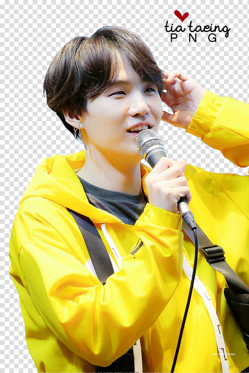 Yoongi , person in yellow zip-up jacket holding microphone transparent background PNG clipart