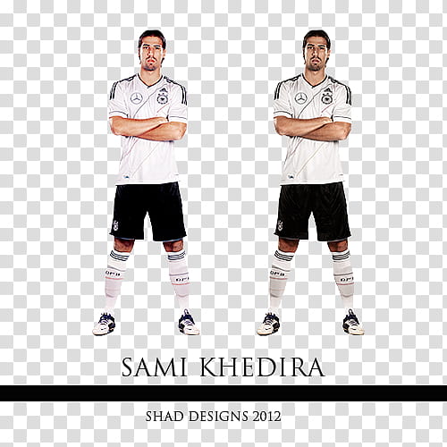 Sami Khedira wearing white and black jersey shirt and shorts standing transparent background PNG clipart
