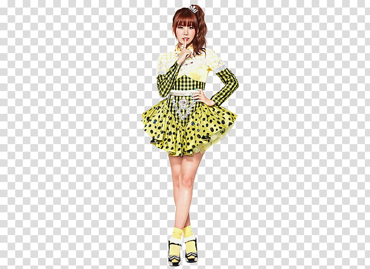 Orange Caramel renders, woman in yellow and black dress transparent background PNG clipart
