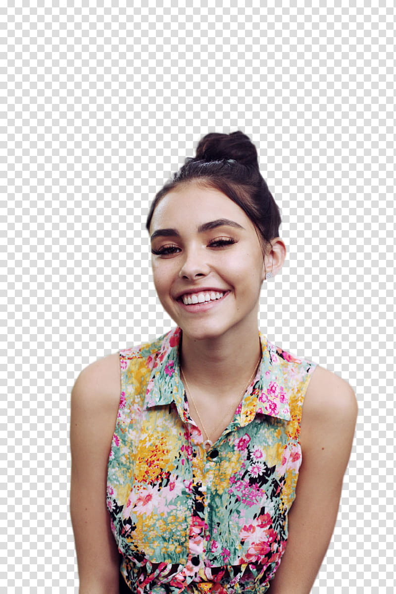 MADISON BEER, woman in yellow, pink, and black floral button-up sleeveless shirt transparent background PNG clipart