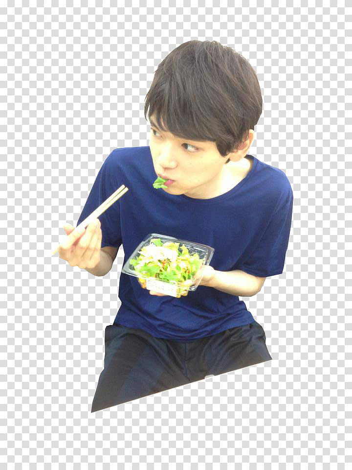 Watchers Special, man in blue crew-neck t-shirt holding food and chopsticks while eating transparent background PNG clipart