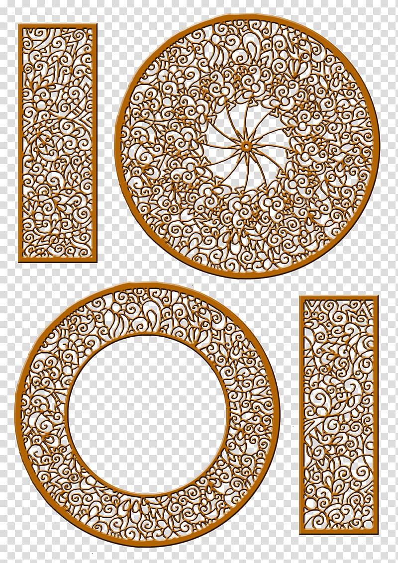 Gold Fretwork, four round and rectangular brown floral metal scrolled frames transparent background PNG clipart