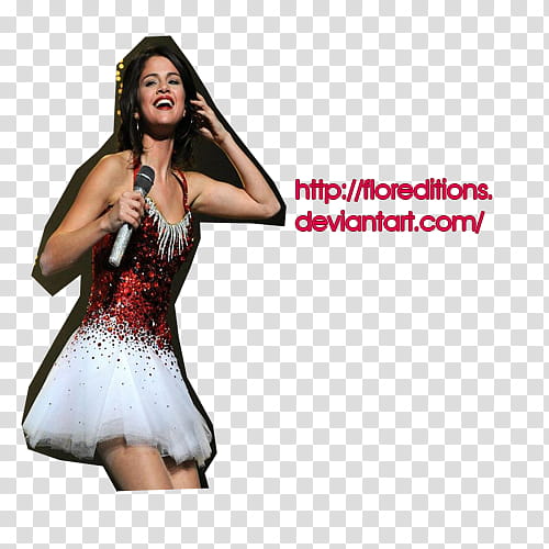 I Look Like An Ornament Selena Gomez, woman wearing red and white spaghetti strap dress holding microphone while standing transparent background PNG clipart