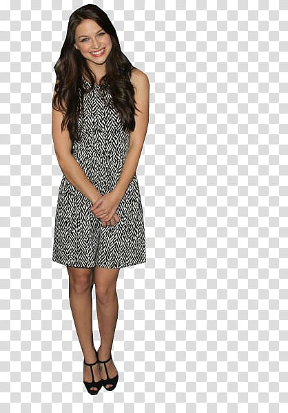 woman wearing white and black sleeveless dress standing and laughing transparent background PNG clipart
