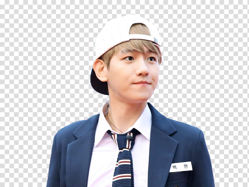 Baekhyun, man wearing blue suit, necktie, shirt, and cap transparent background PNG clipart