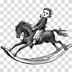 black and white II, boy riding rocking horse transparent background PNG clipart