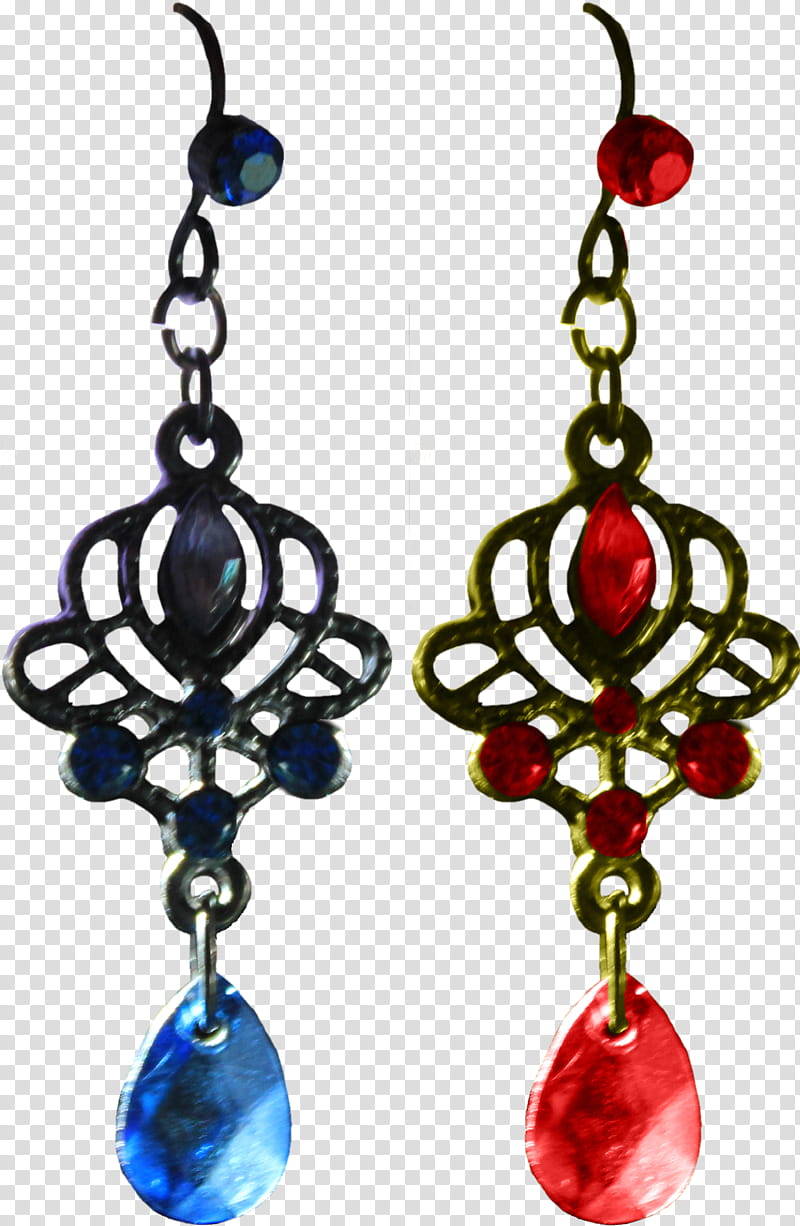 Earrings Blue and Red, two unpaired silver-and-gold-colored earrings transparent background PNG clipart