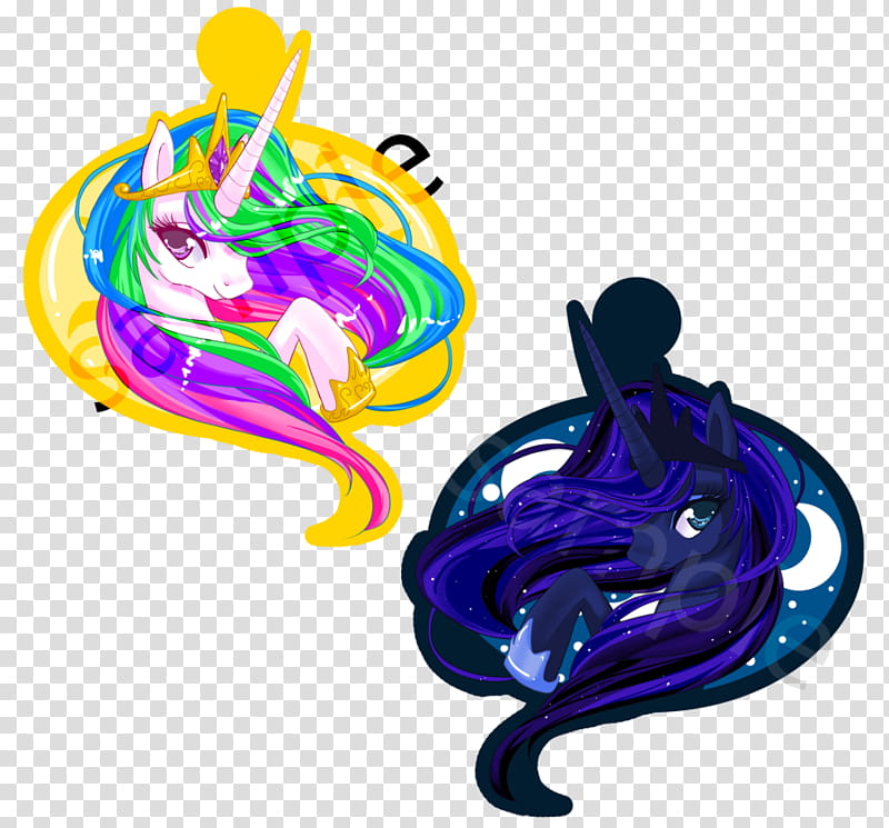 MLP FIM double-sided Celestia + Luna keychain set, two multicolored and black-and-blue My Little Pony characters illustration transparent background PNG clipart