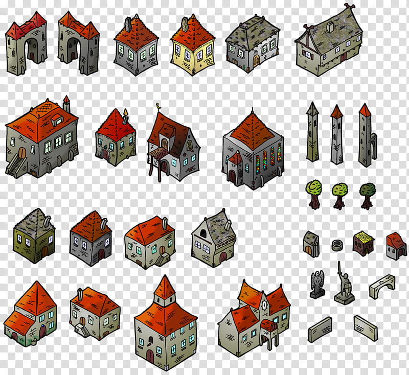 Medieval Houses Isometric Map Elements, grey and brown houses illustration transparent background PNG clipart