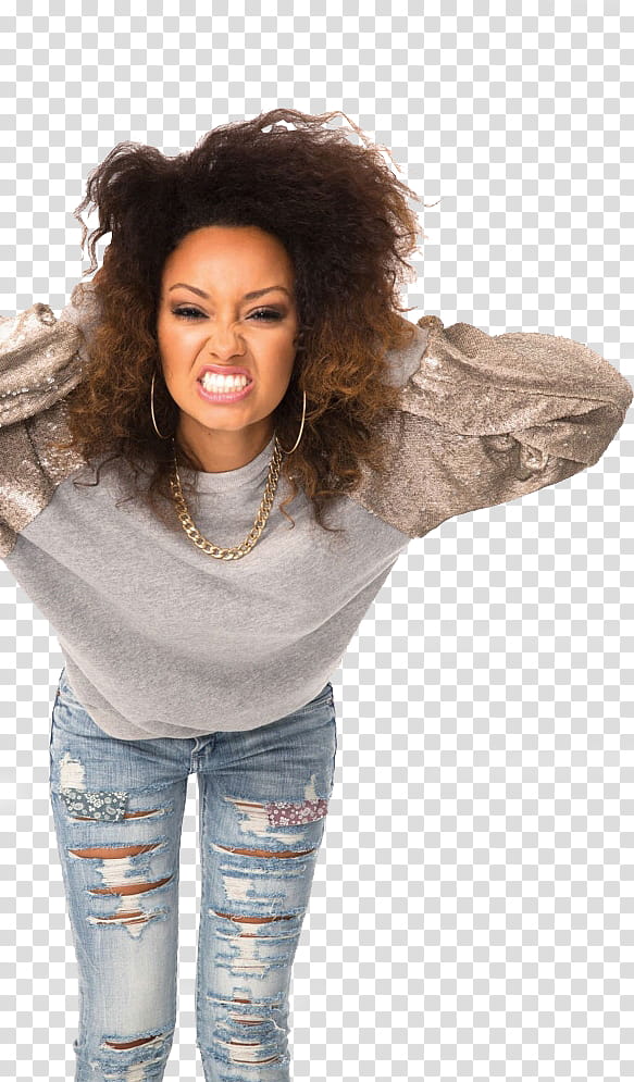 Little Mix, woman wearing gray crew-neck shirt and faded distressed blue denim bottoms transparent background PNG clipart