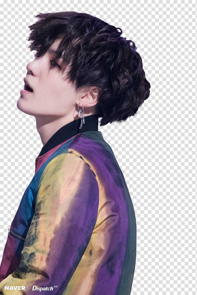 Yoongi BTS, man wearing purple, yellow, and brown jacket transparent background PNG clipart