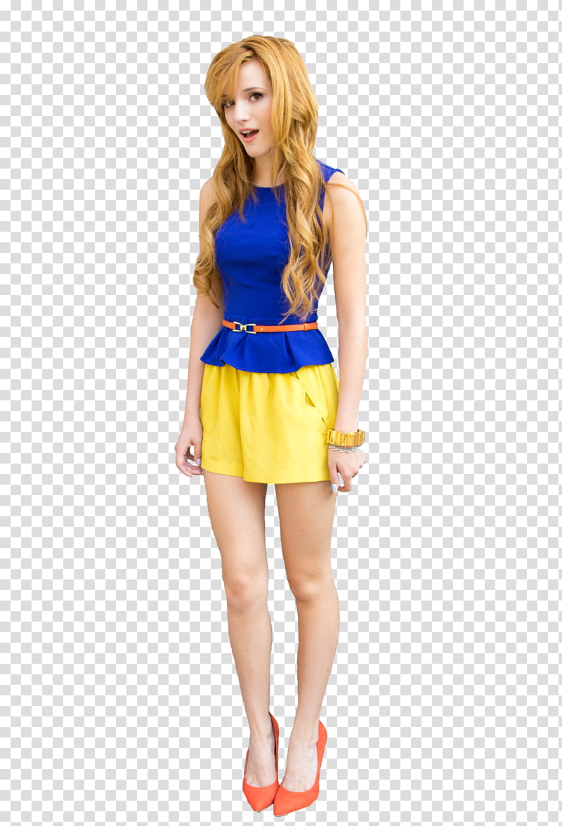 Bella Thorne, woman in yellow miniskirt wearing blue sleeveless shirt transparent background PNG clipart