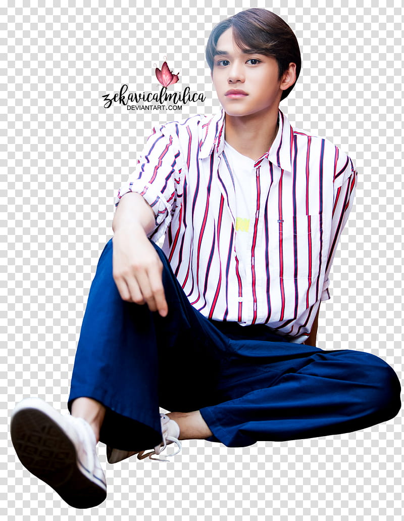 NCT Lucas , man in red and white striped sport shirt and blue pants transparent background PNG clipart