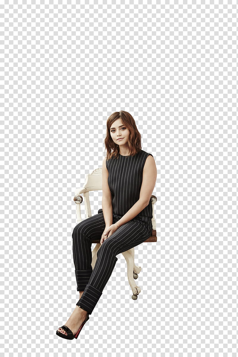 Jenna Coleman, sitting girl wearing black sleeveless shirt transparent background PNG clipart