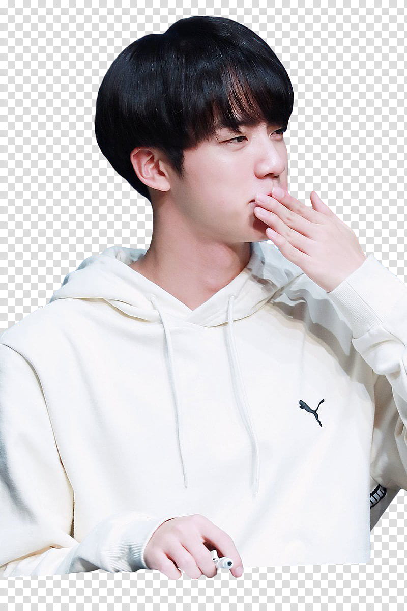 Seokjin BTS, man wearing white Puma pullover hooded jacket transparent background PNG clipart