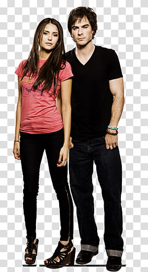 Vampire Diaries , man in black V-neck T-shirt stands beside woman transparent background PNG clipart