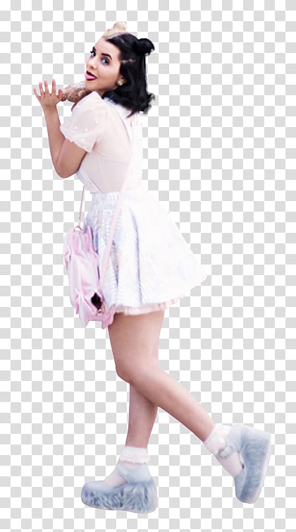 Melanie Martinez, woman in white short-sleeved mini dress standing on one leg while sticking her tongue transparent background PNG clipart