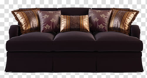 black fabric -seat sofa and several maroon and brown throw pillows transparent background PNG clipart