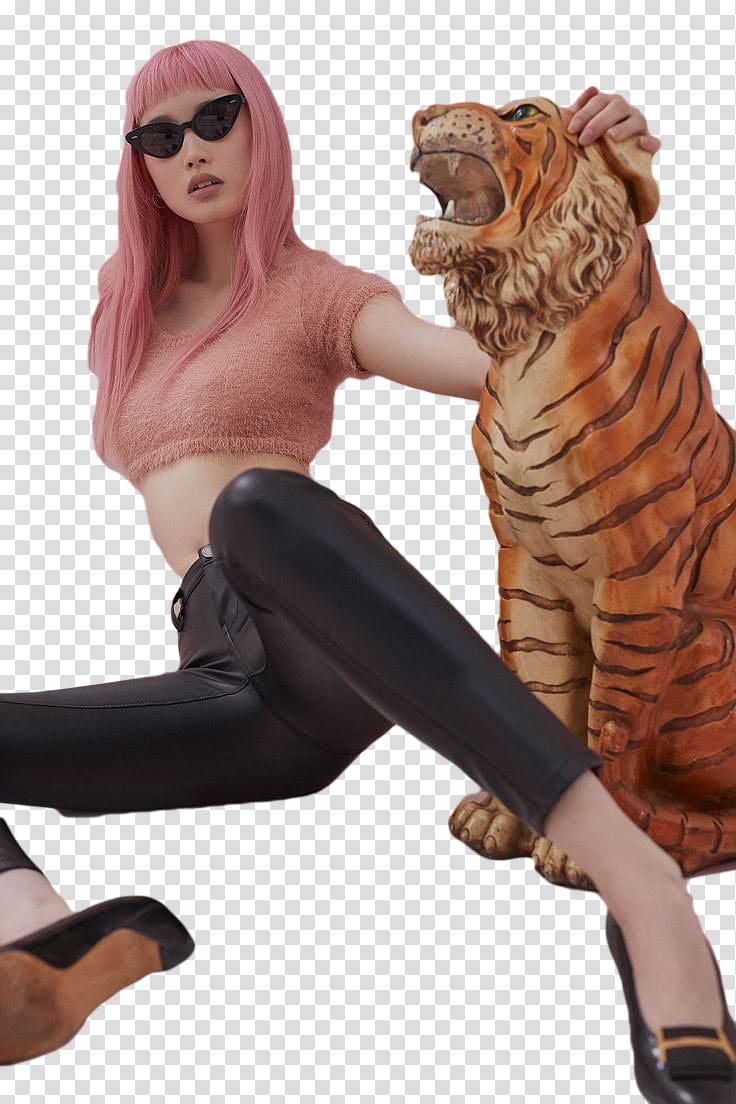 Fernanda Ly, woman sitting beside tiger figurine transparent background PNG clipart