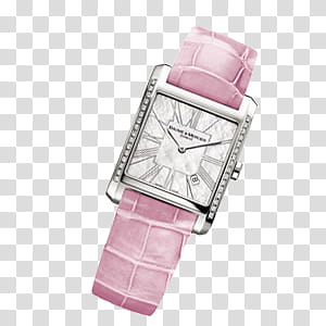 Glamorous, rectangular silver-colored analog watch with pink band transparent background PNG clipart