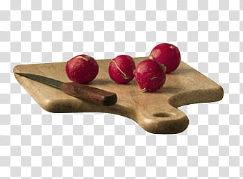 red fruit and brown knife on brown wooden chopping board transparent background PNG clipart