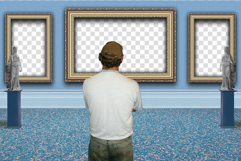 Pre made Art gallery  HB, man standing in front of paintings with near statue illustration transparent background PNG clipart