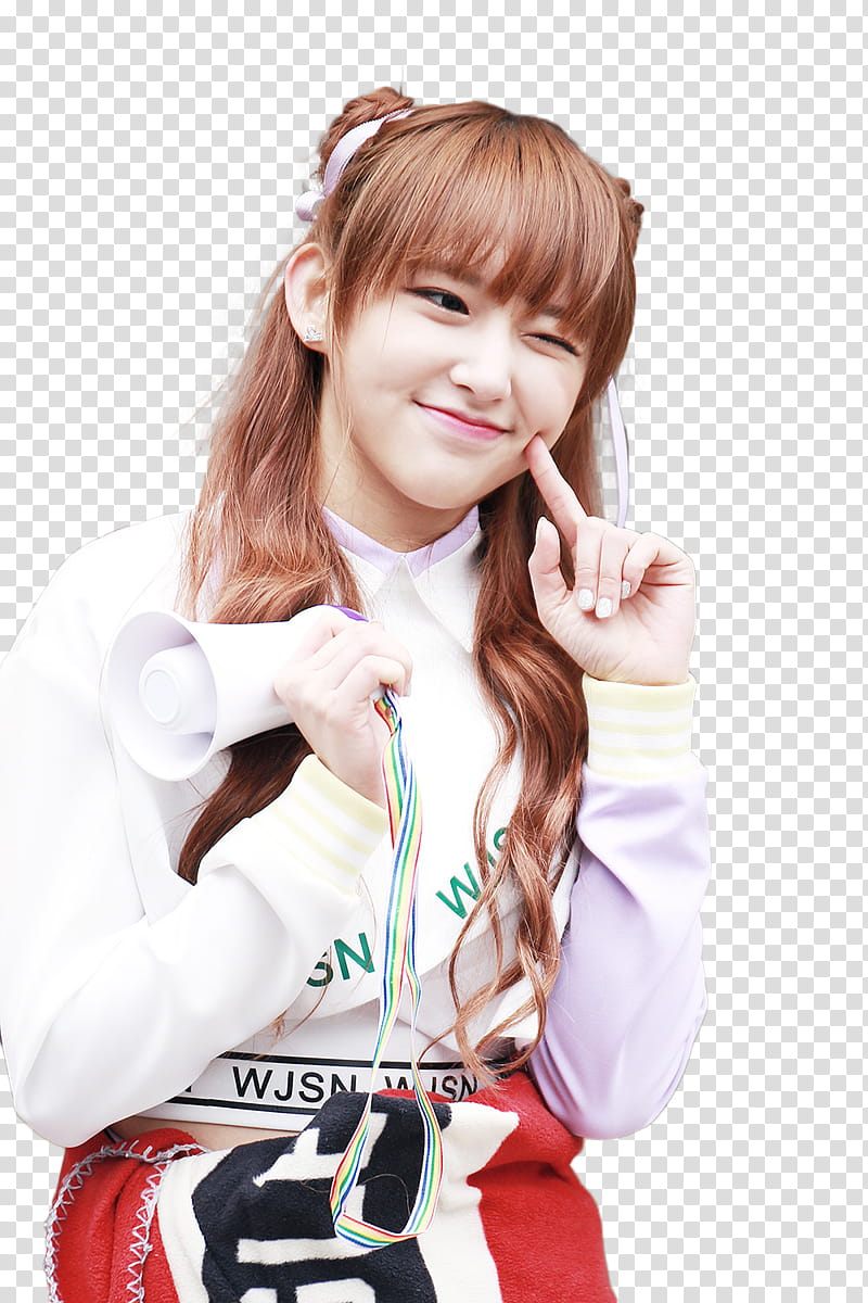 CHENGXIAO WJSN HANI EXID JUNGKOOK V BTS, woman wearing white sweat shirt pointing cheek transparent background PNG clipart