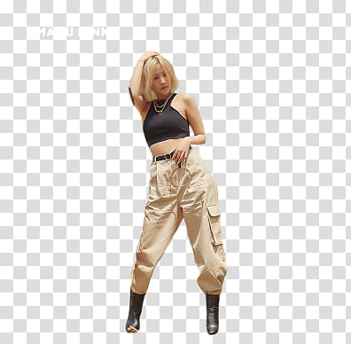 woman wearing black crop top and brown cargo pants transparent background PNG clipart