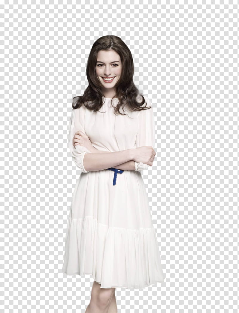 Anne Hathaway, woman wearing white long-sleeved dress transparent background PNG clipart