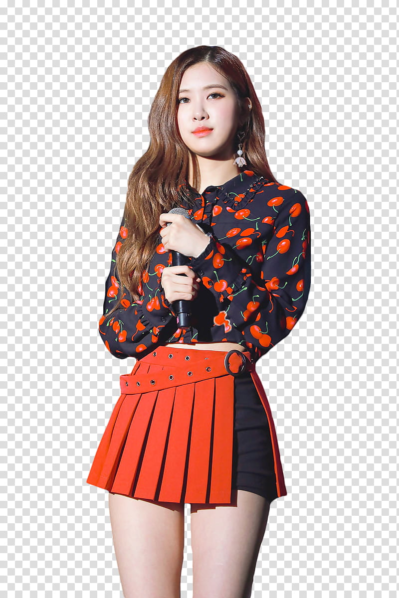 ROSE BLACKPINK HANNAK, woman wearing black and red long-sleeved blouse and miniskirt transparent background PNG clipart