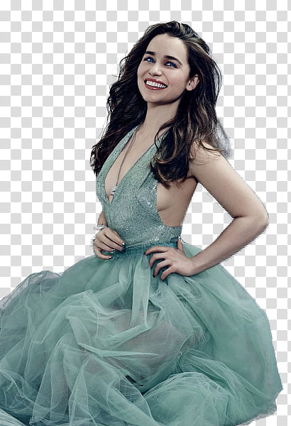 EmiliaClarke , smiling woman wearing green halter dress transparent background PNG clipart