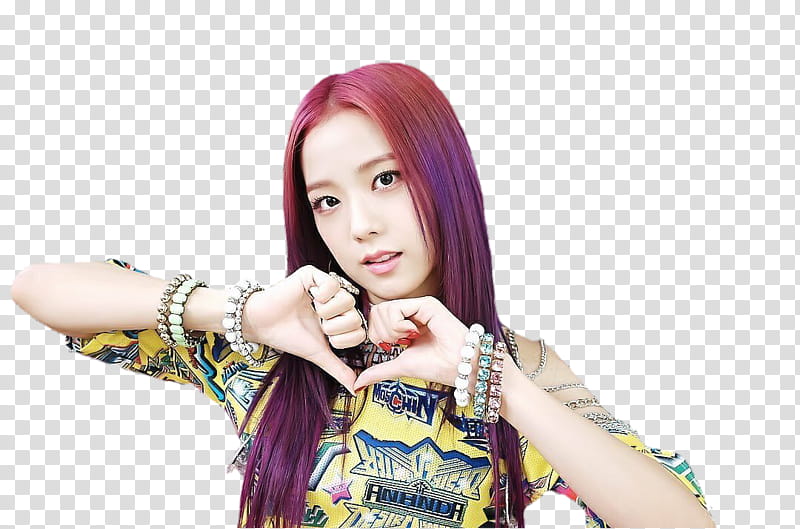 Jisoo , woman wearing yellow top forming heart hand sign transparent background PNG clipart