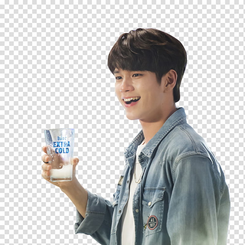 WANNA ONE , man wearing blue denim jacket holding drinking glass transparent background PNG clipart