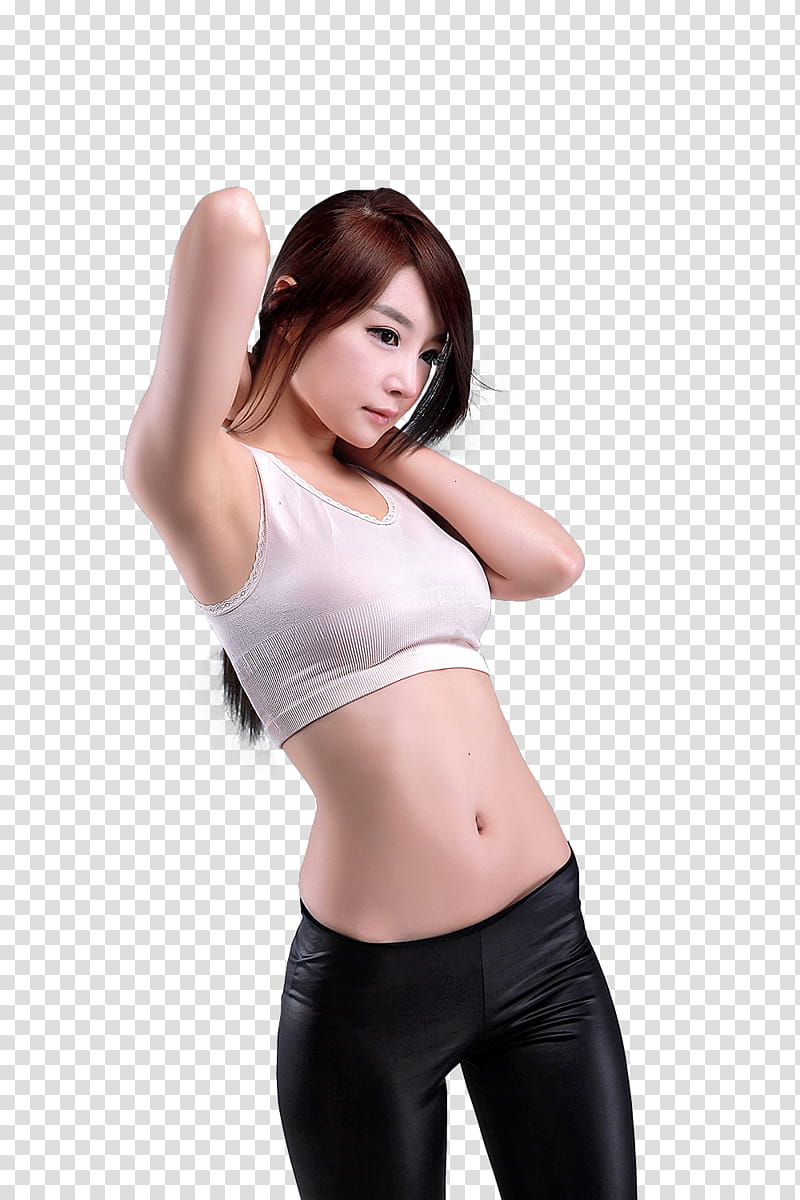 woman wearing white tank and black bottoms standing while touching her hair transparent background PNG clipart