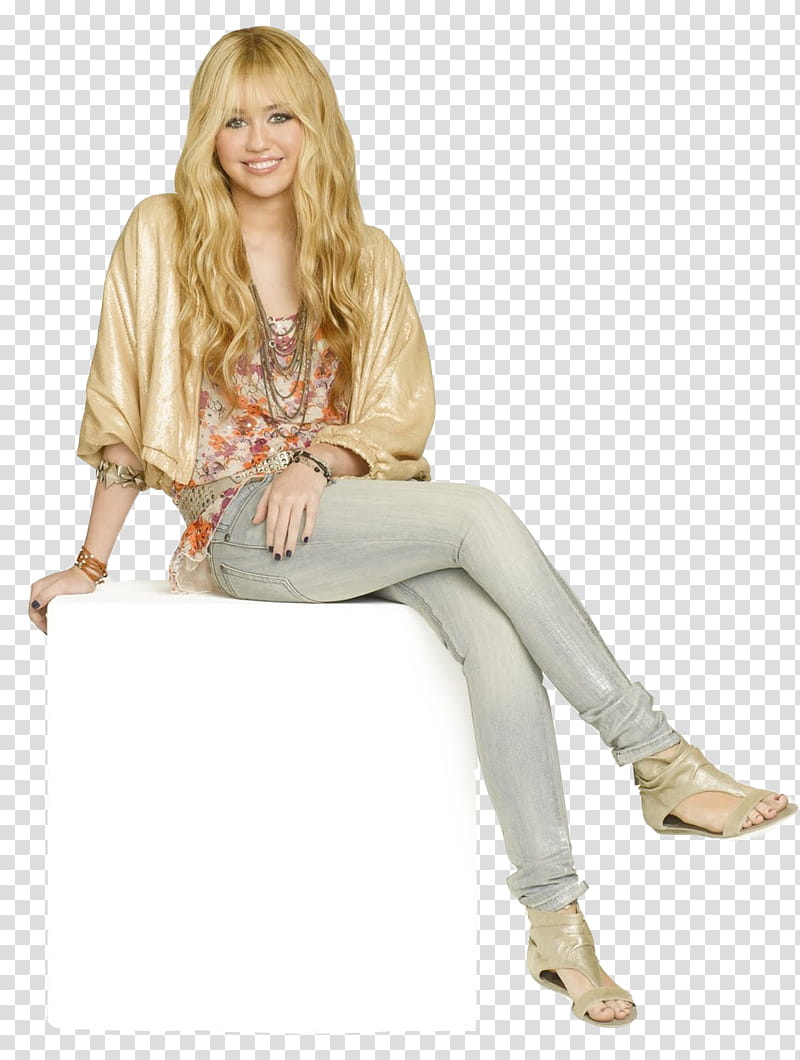 Hannah Montana, Miley Cyrus sitting on ottoman transparent background PNG clipart