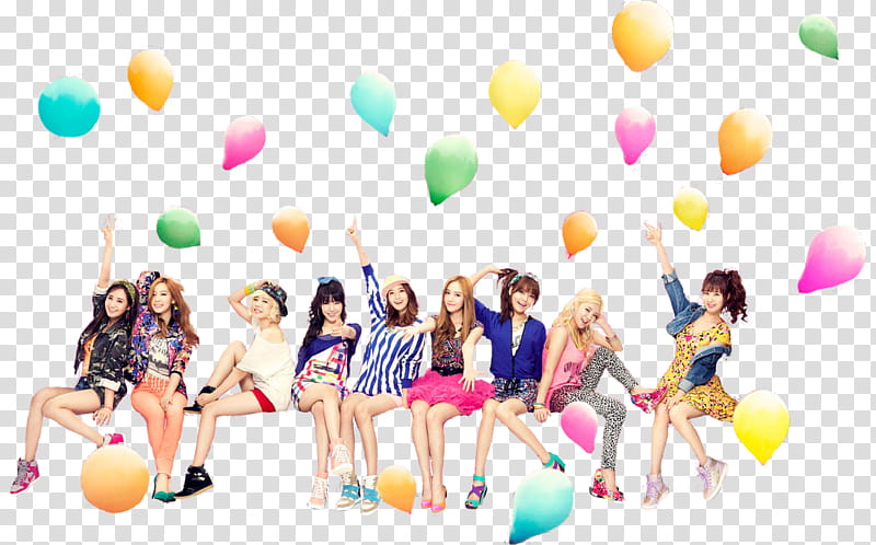 SNSD Girls Generation Love Girls c, Girls' Generation sitting surrounded with multicolored balloons transparent background PNG clipart