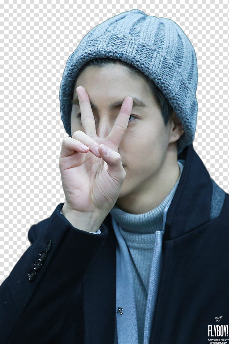 Mark Tuan GOT, man in black blazer with grey knit cap doing peace hand sign transparent background PNG clipart