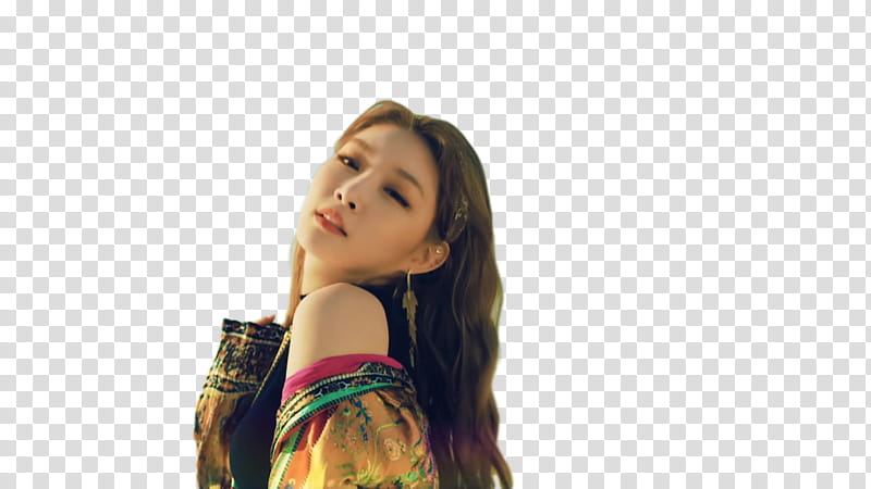 Render CHUNGHA WHY DON T YOU KNOW, woman wearing yellow floral top holding her neck transparent background PNG clipart