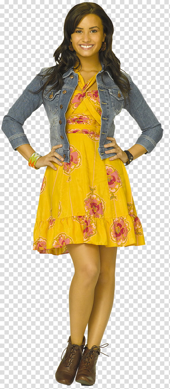 Demi Lovato, Demi Lovato wearing yellow-and-red mini dress and blue denim button-up jacket transparent background PNG clipart