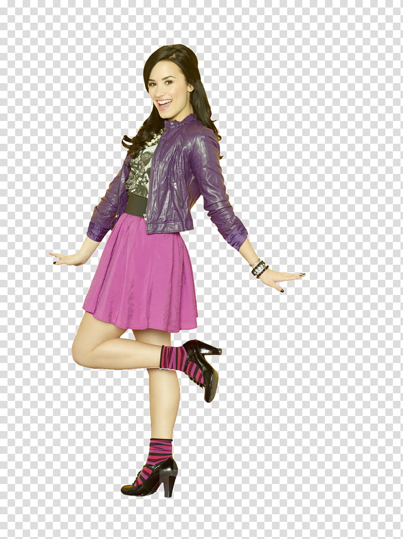Demi Lovato, woman wearing purple leather jacket and pink skirt transparent background PNG clipart