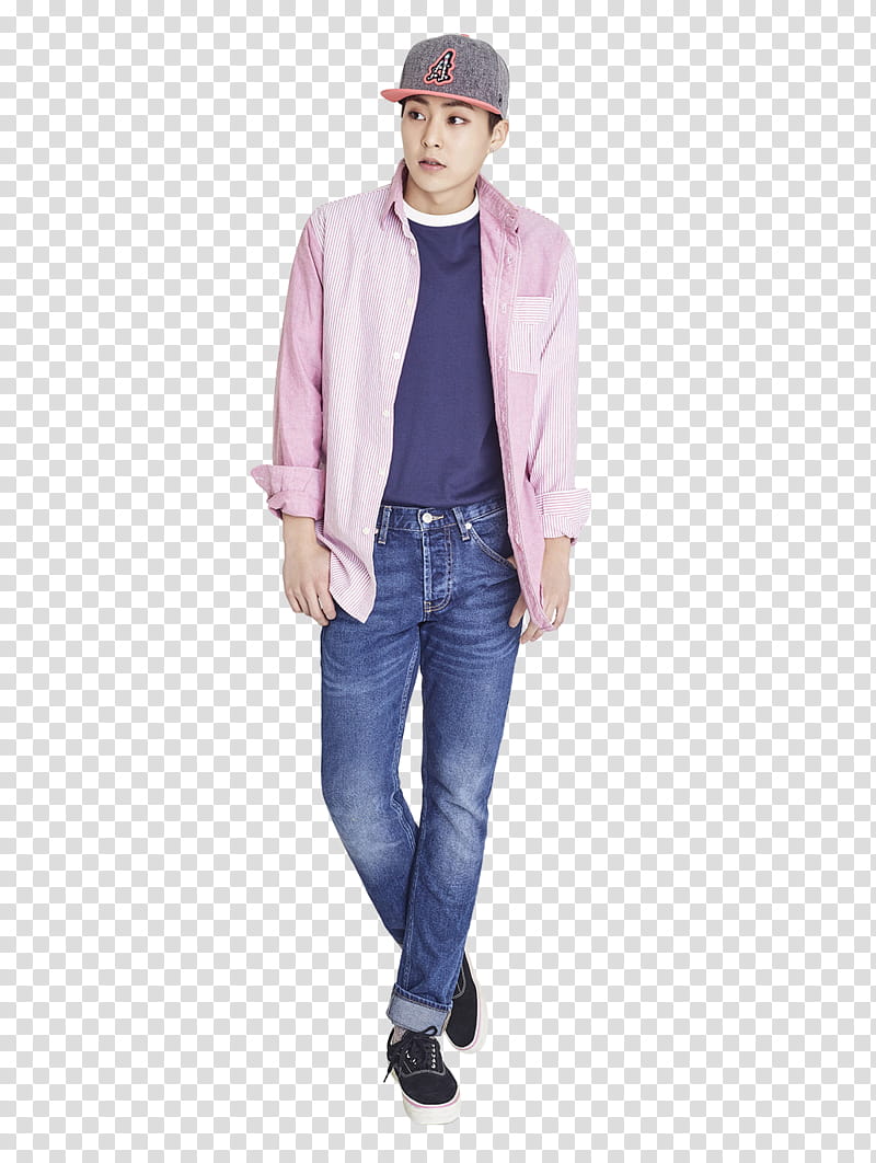 EXO Hat On PART P, man wearing pink dress shirt and blue jeans transparent background PNG clipart