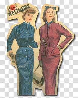 retro vintage fashion, two woman in blue and red dresses transparent background PNG clipart