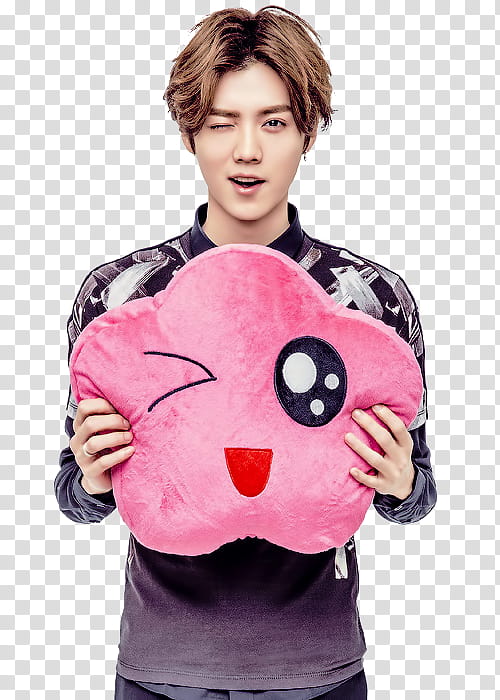 Luhan, smiling man holding pink pillow transparent background PNG clipart