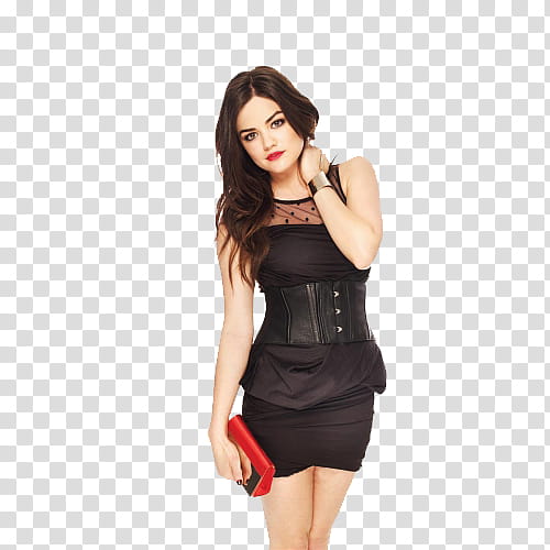 Lucy Hale, woman wearing peplum dress and holding clutch bag transparent background PNG clipart